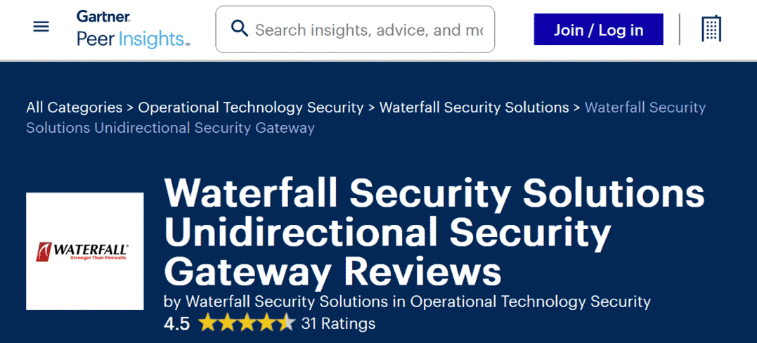 Screenshot of Gartner Waterfall Security Peer Insights which show great overall ratings