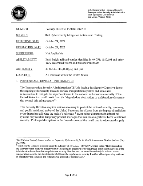 Thumbnail of US Presidential Rail Cyber Security Directive TSA 1580/82-2022-1 Rail Cybersecurity Mitigation Actions and Testing