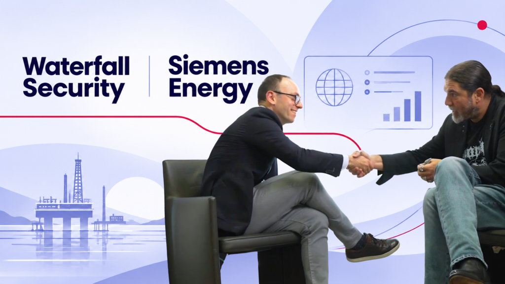 Lior Frenkel of Waterfall Security and Leo Simonovich of Siemens Energy shaking hands, with Waterfall Security and Siemens Energy logos