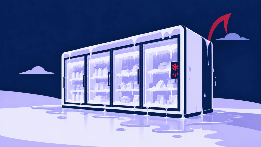 Supermarket display freezer melting into a puddle, illustrating cyberattacks that triggered defrost cycles on Internet-exposed freezers
