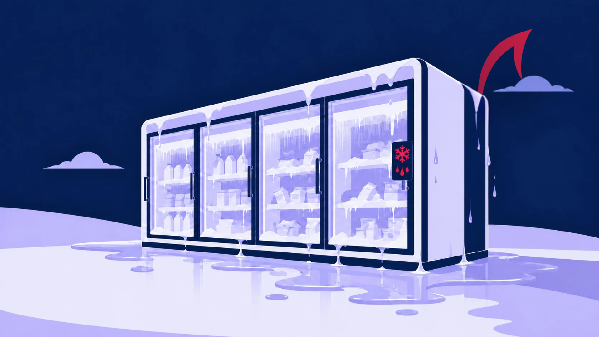 Supermarket display freezer melting into a puddle, illustrating cyberattacks that triggered defrost cycles on Internet-exposed freezers