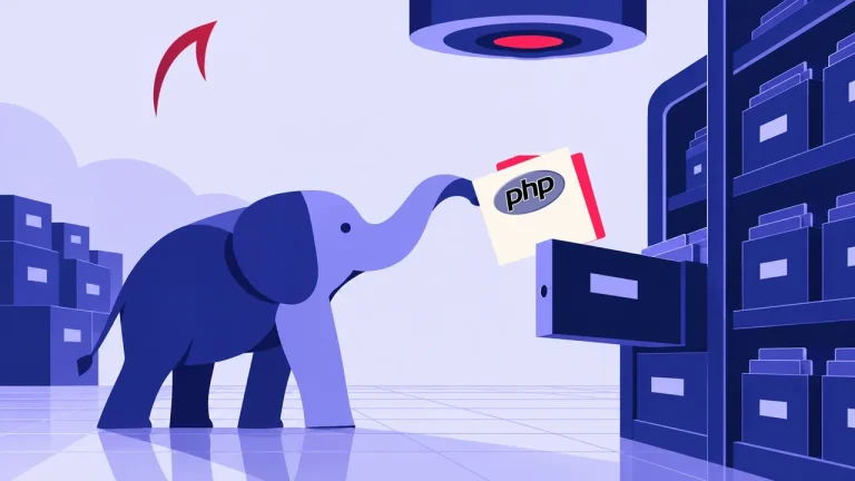 Elephant pulling a PHP file from a filing cabinet, illustrating attackers using AI to exploit long-known PHP vulnerabilities
