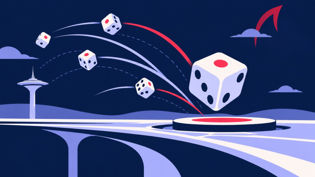 Dice in flight toward a target, illustrating credibility vs. likelihood in OT risk assessment