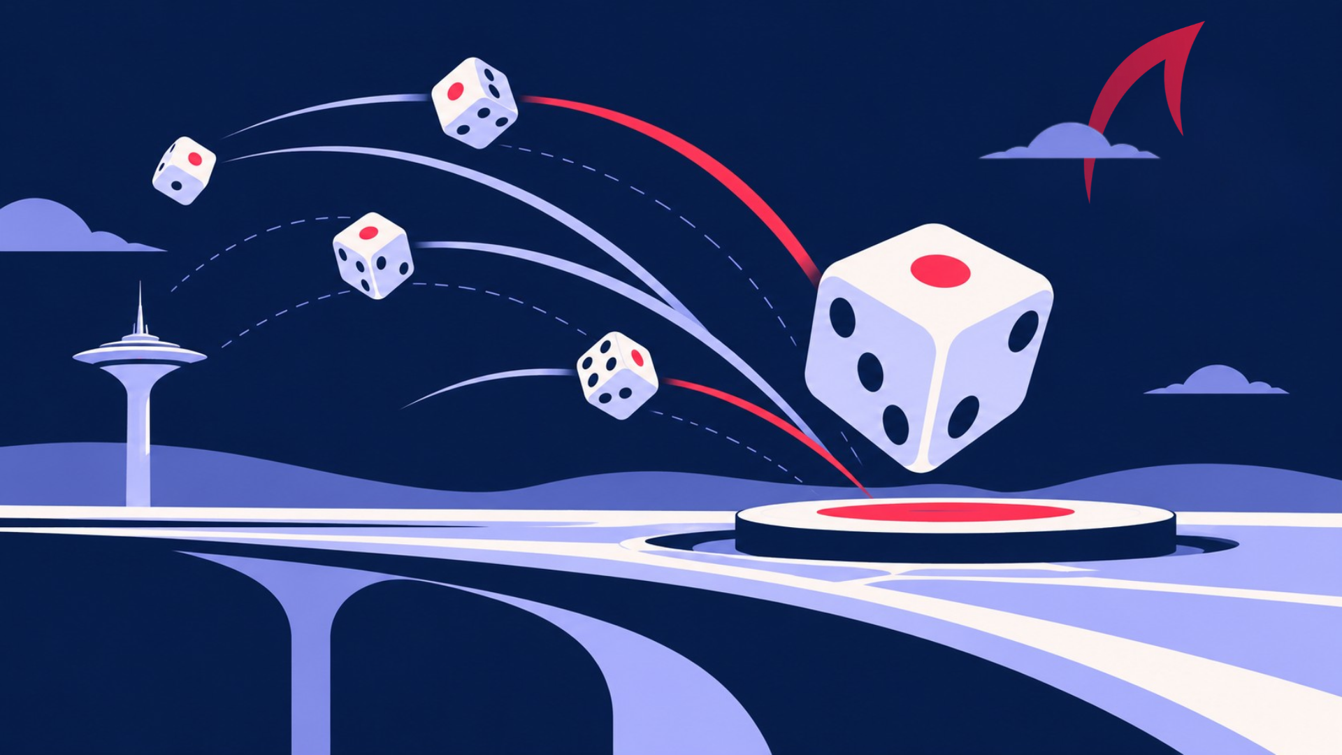 Dice in flight toward a target, illustrating credibility vs. likelihood in OT risk assessment