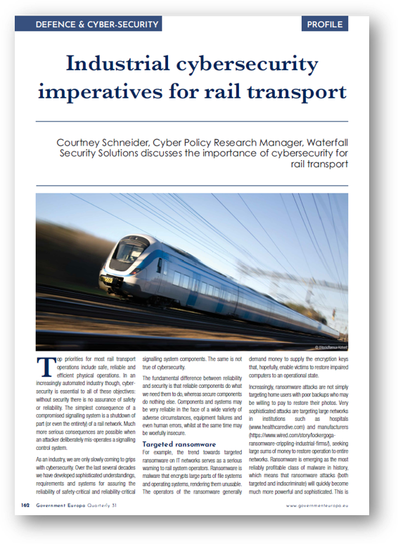 GOVERNMENT EUROPA: INDUSTRIAL RAIL CYBERSECURITY IMPERATIVE FOR THE FUTURE OF TRANSPORT